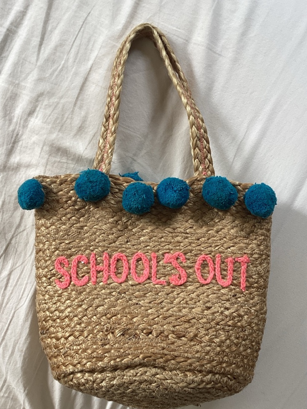 Anthropologie Straw Tote with Teal Pom-Poms and Pink 'SCHOOLS OUT' Embroidery